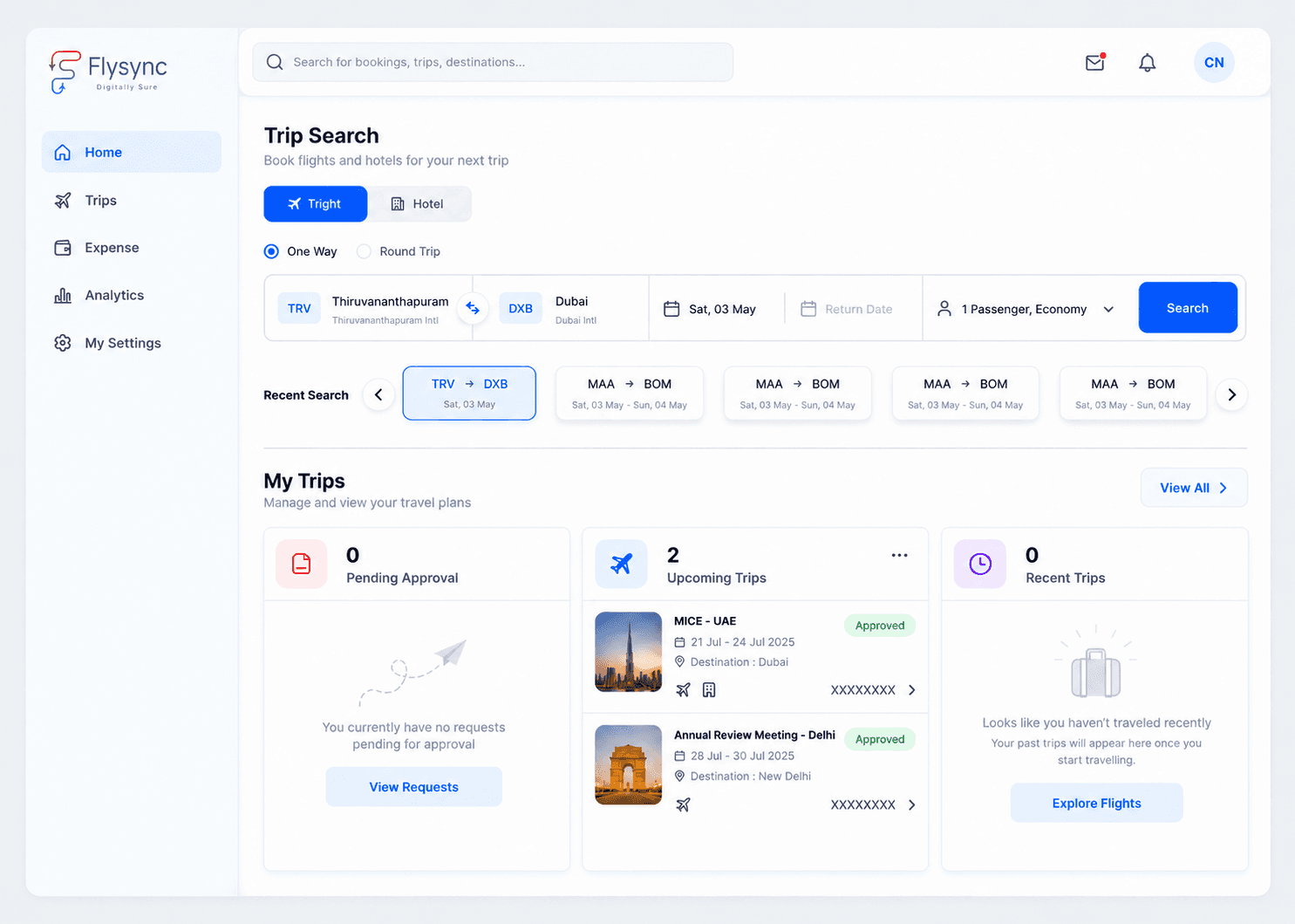 Flysync Corporate Booking Portal trip search dashboard