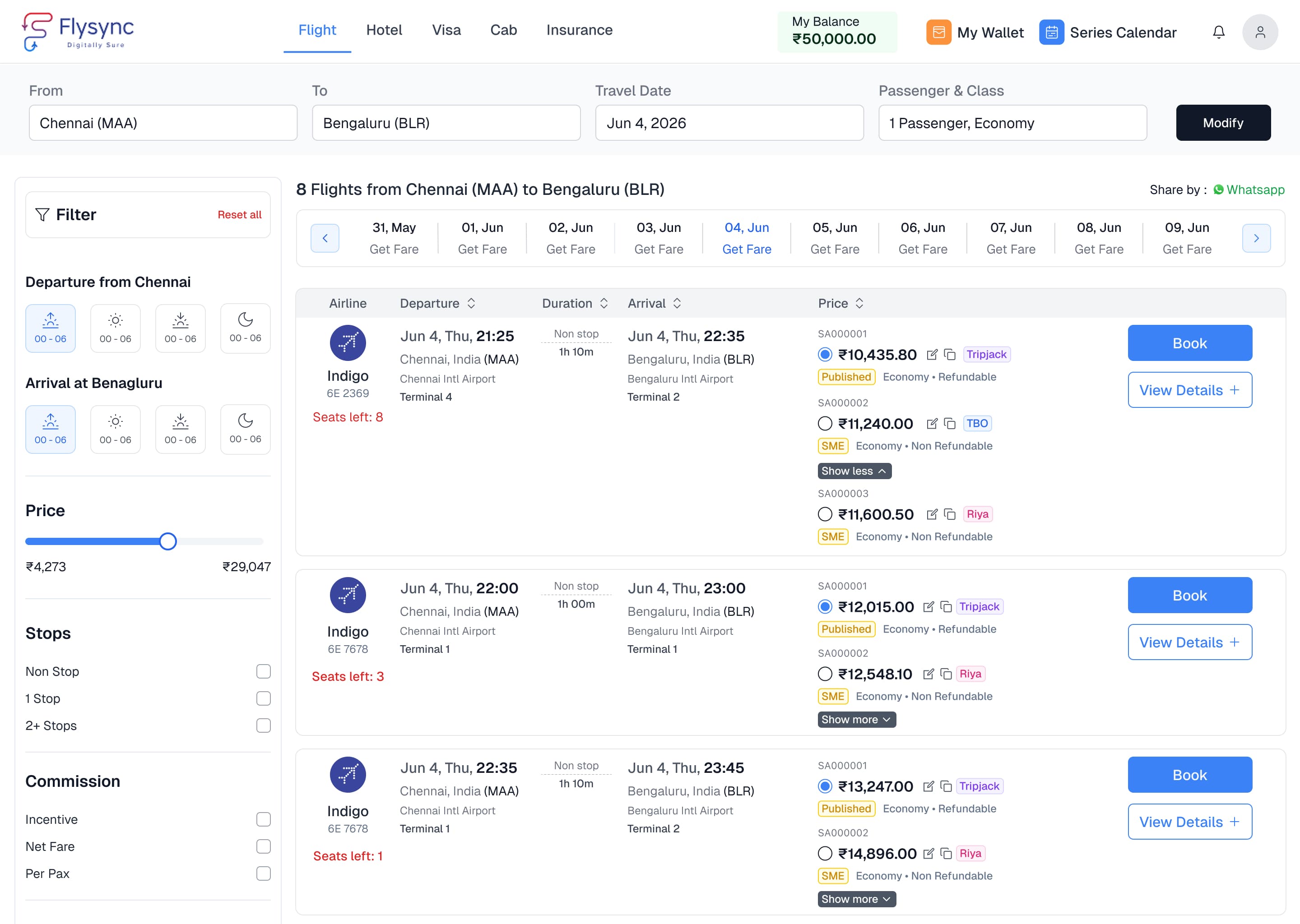 Flysync B2B portal flight booking results