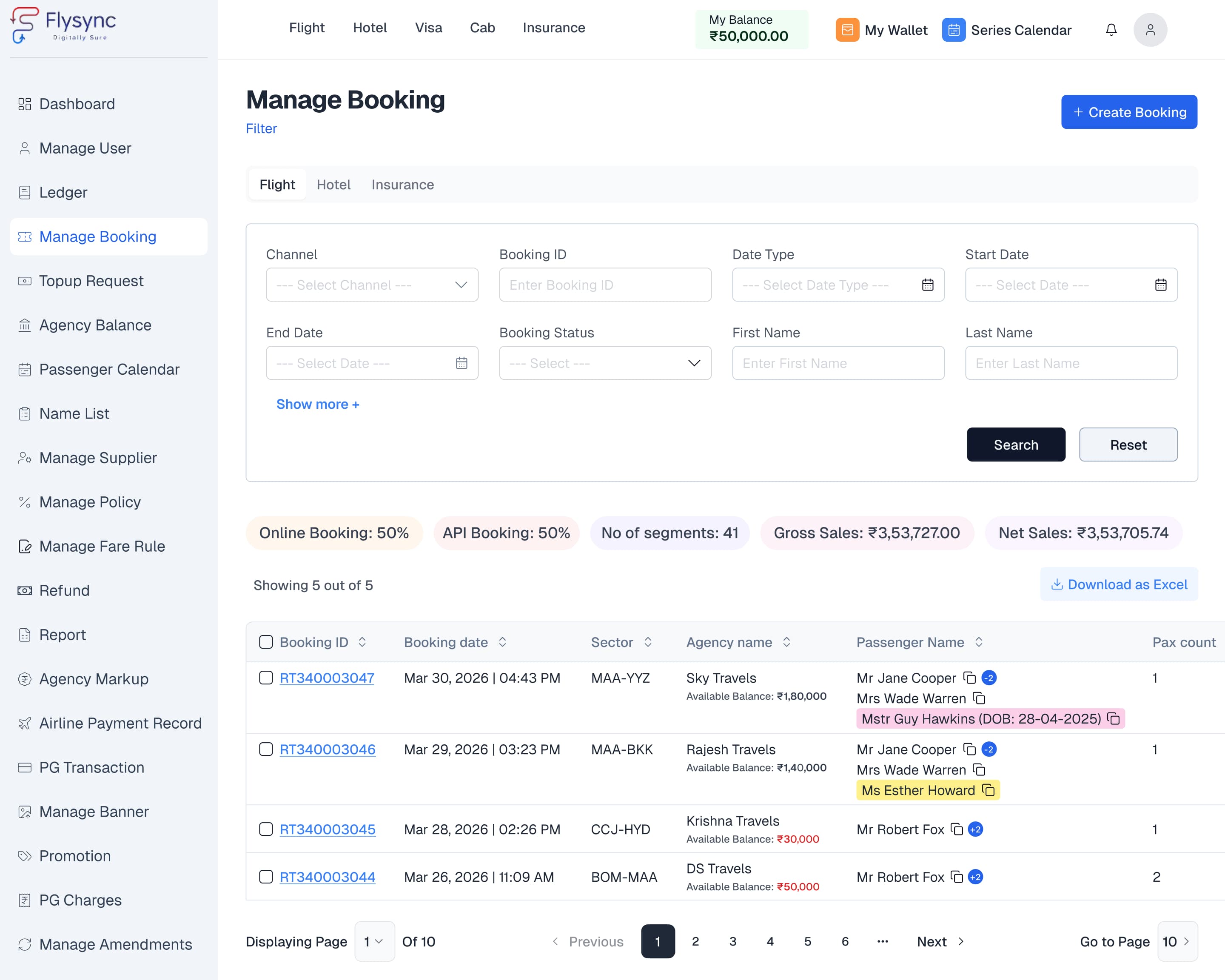 Flysync B2B portal manage booking dashboard