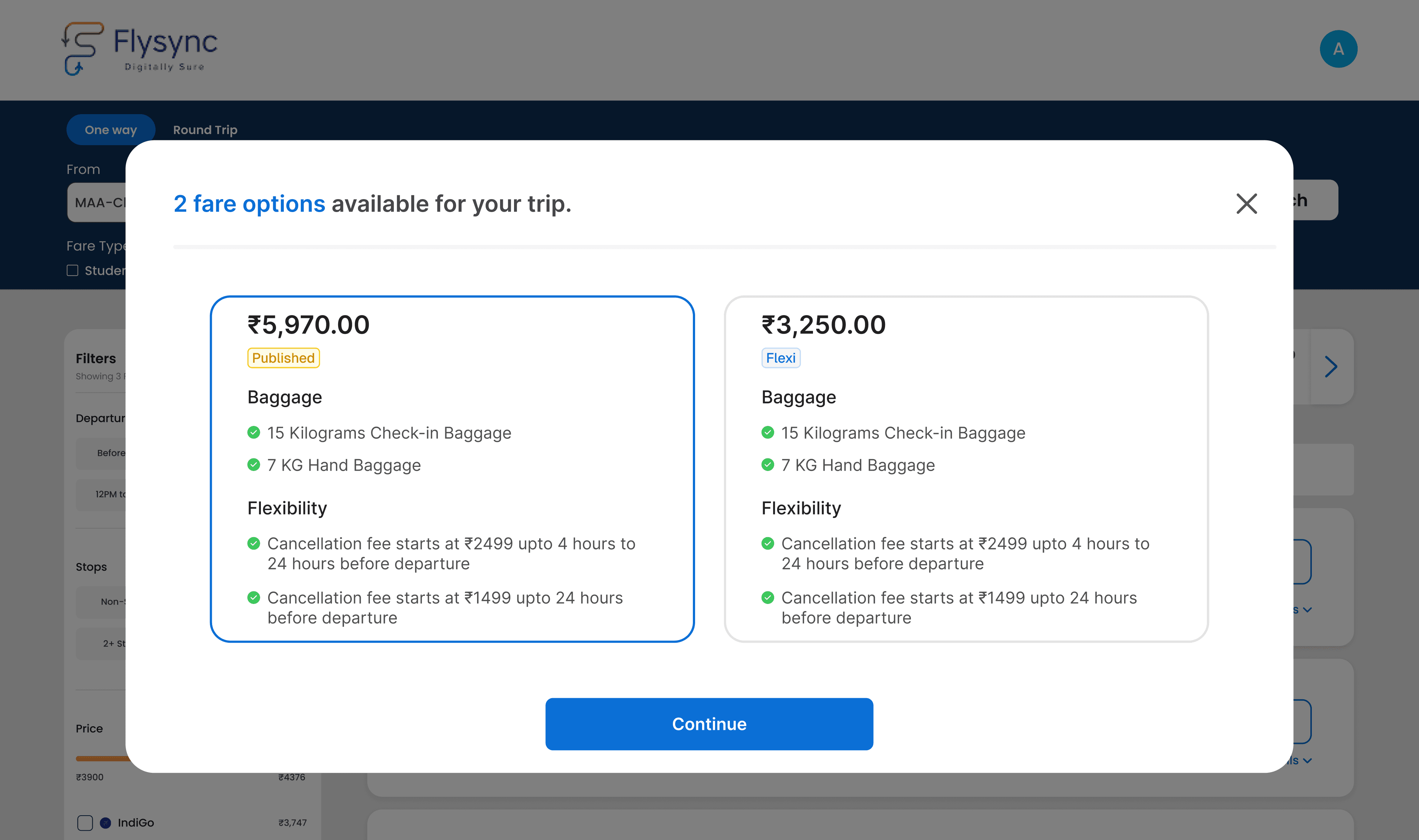 Flysync B2C online flight search results