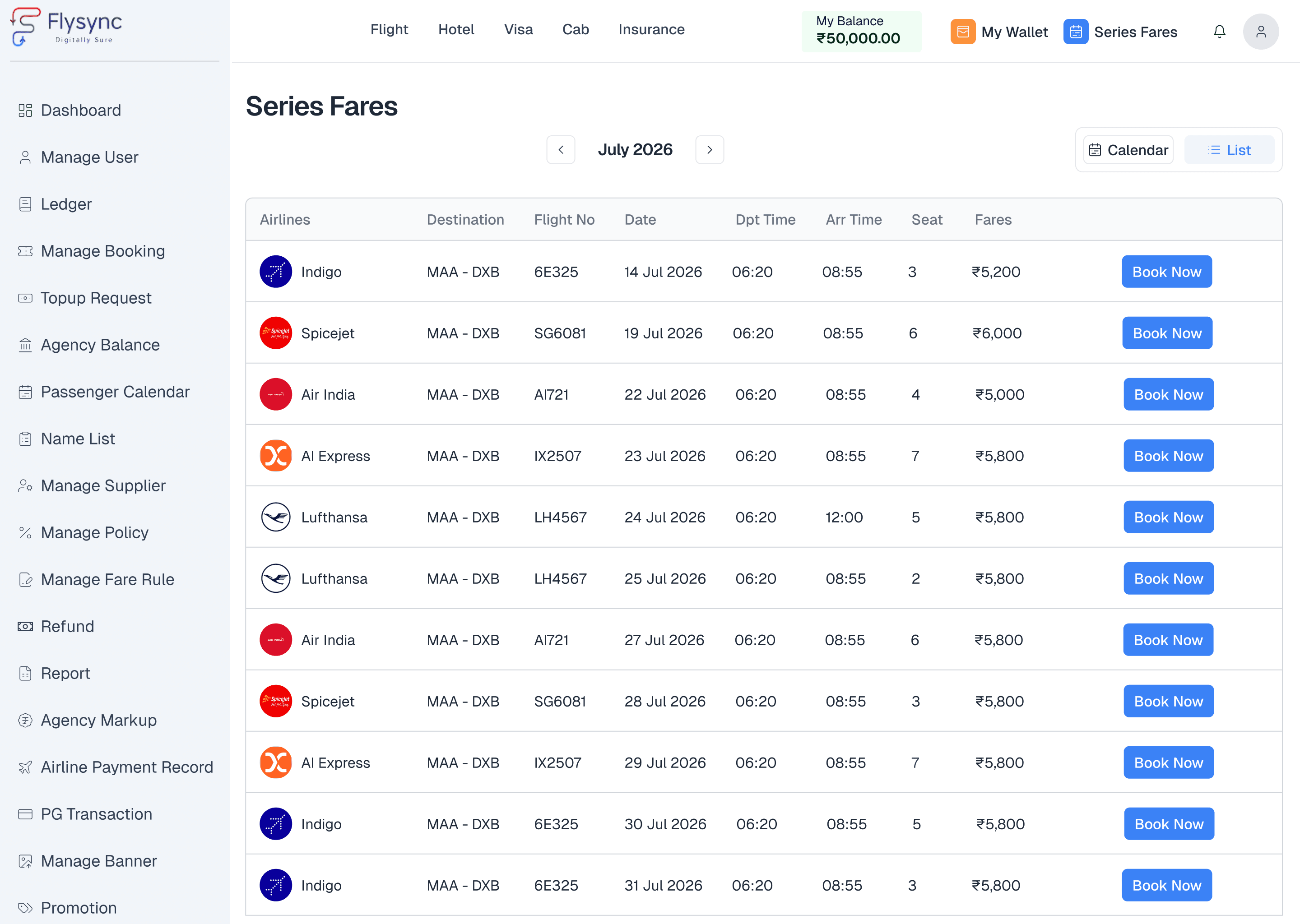 Flysync series booking fixed departures dashboard