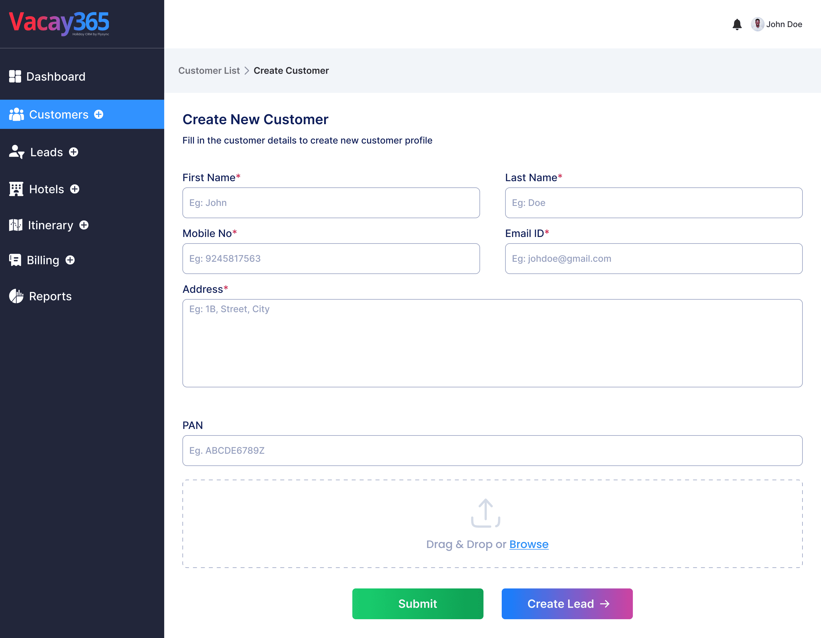 Vacay365 create customer form